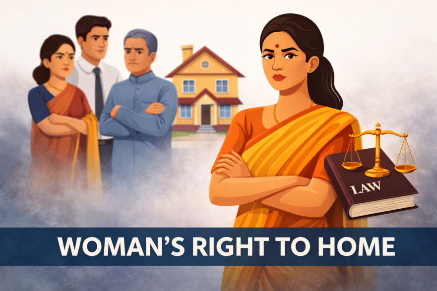 Illustration showing an Indian woman asserting her legal right to live in her matrimonial home against in-laws under Indian law.
