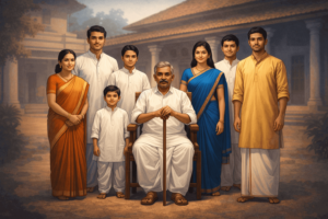 Visual representation of a Hindu joint family showing the karta and family members, symbolizing coparcenary, HUF structure and Hindu law principles.