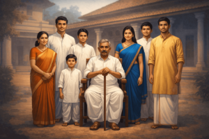 Visual representation of a Hindu joint family showing the karta and family members, symbolizing coparcenary, HUF structure and Hindu law principles.