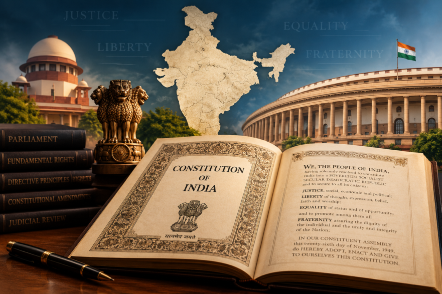 Illustration of the Indian Supreme Court building silhouette with a judge’s gavel in the foreground, symbolizing justice and legal judgments in India